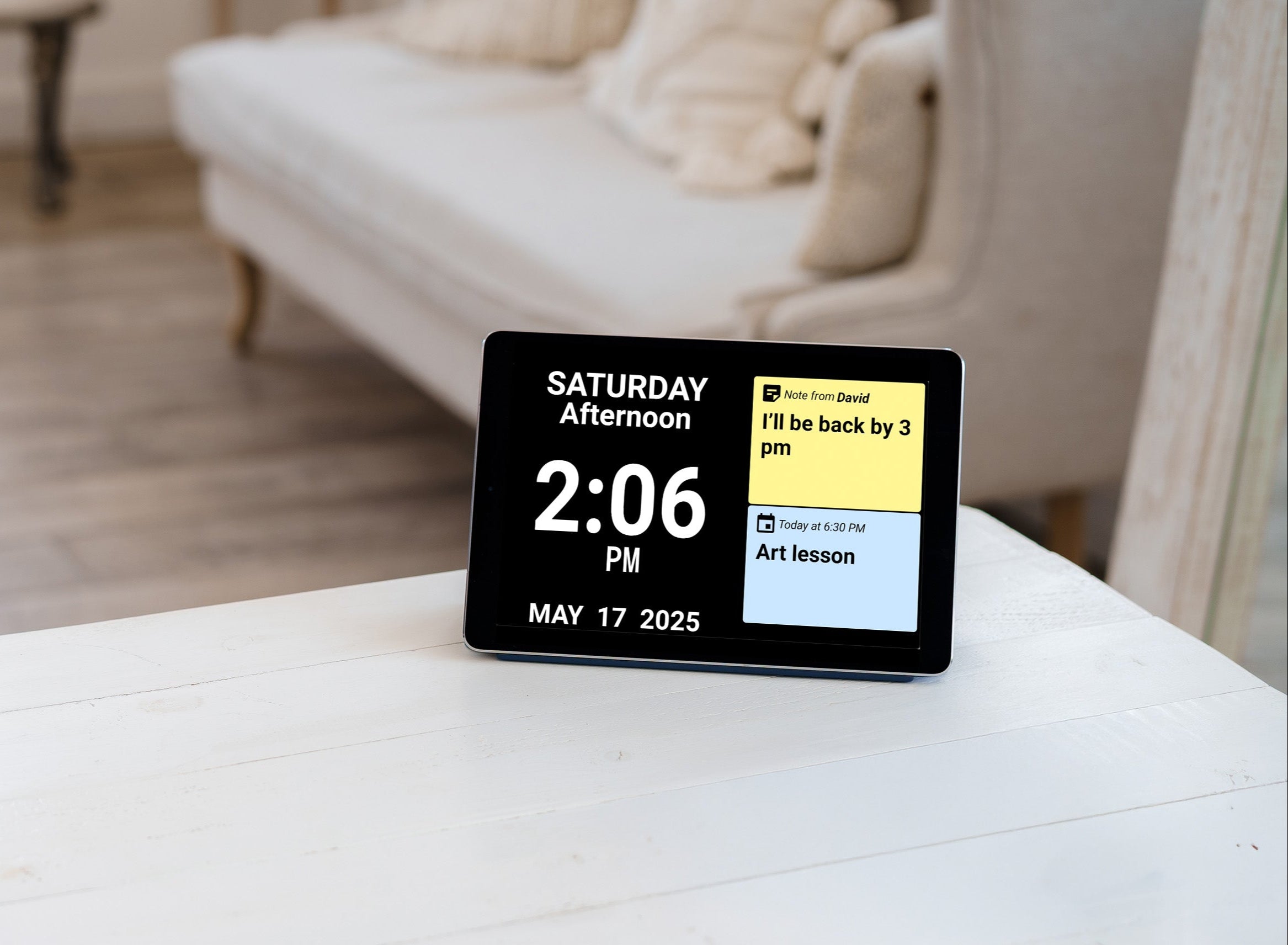 Idem Smart Clock on a table in a living room setting
