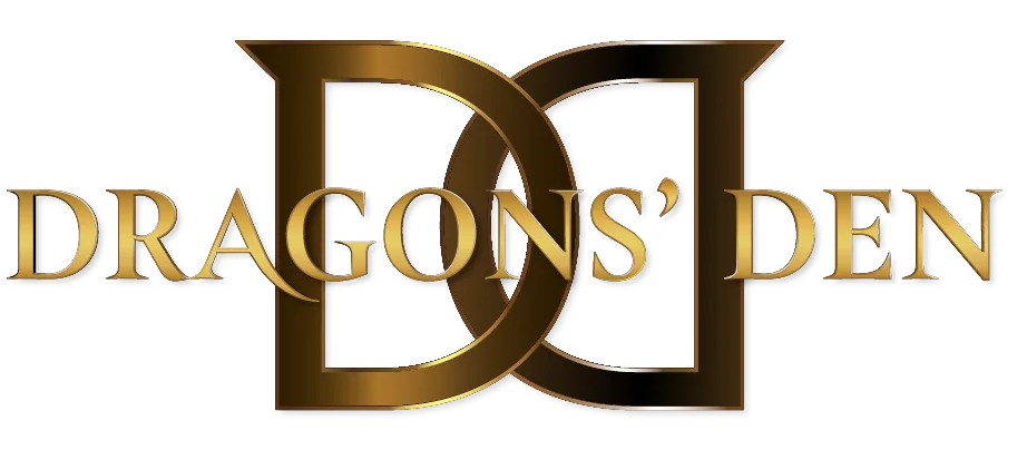 Logo for 'Dragons' Den' as seen on CBC with gold and black design.
