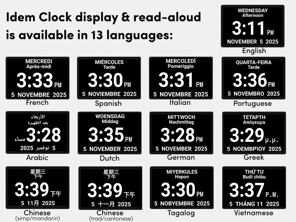 Display of clock time in various languages with timestamps and dates.