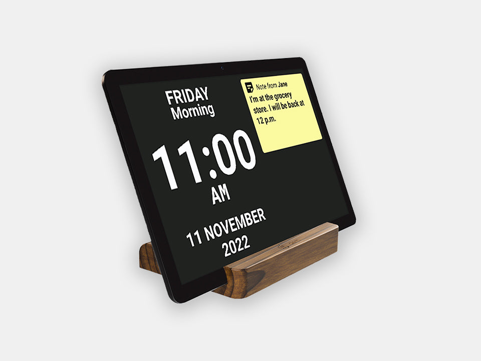 The Idem Clock standing on the wooden stand