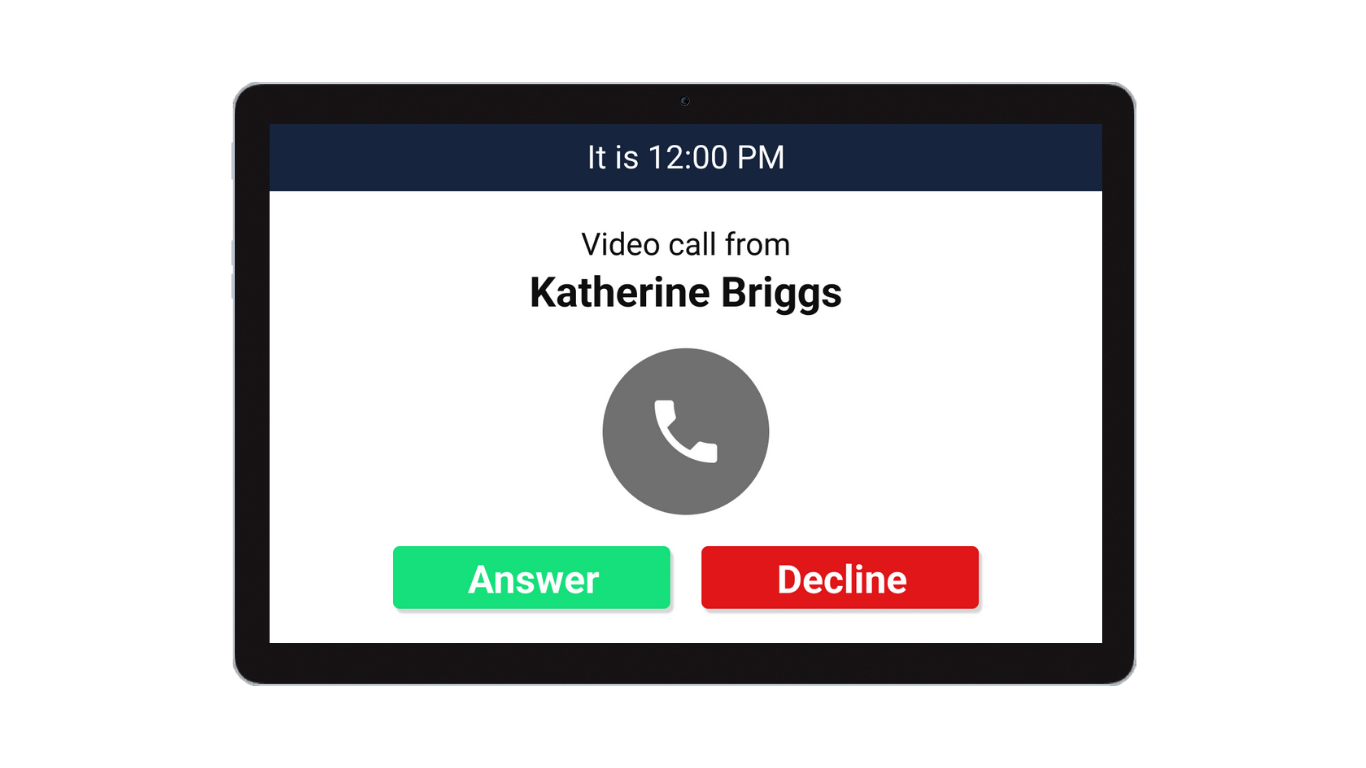 Phone call interface with a video call on the Idem Clock, options to answer or decline.