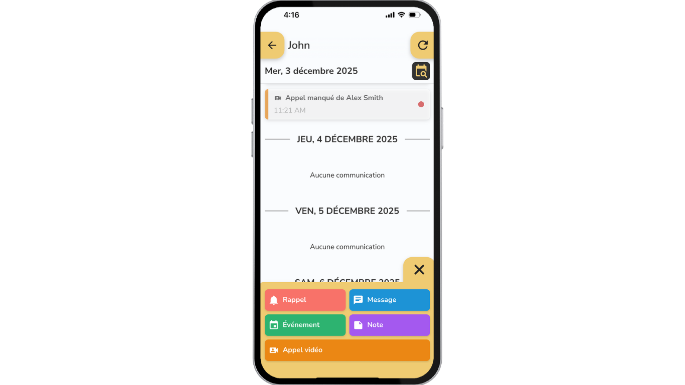 Phone screen displaying the communication menu in the Idem Companion App.