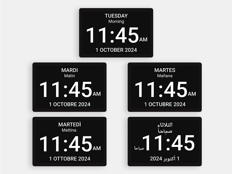 The Idem Smart Clock in the 5 different languages