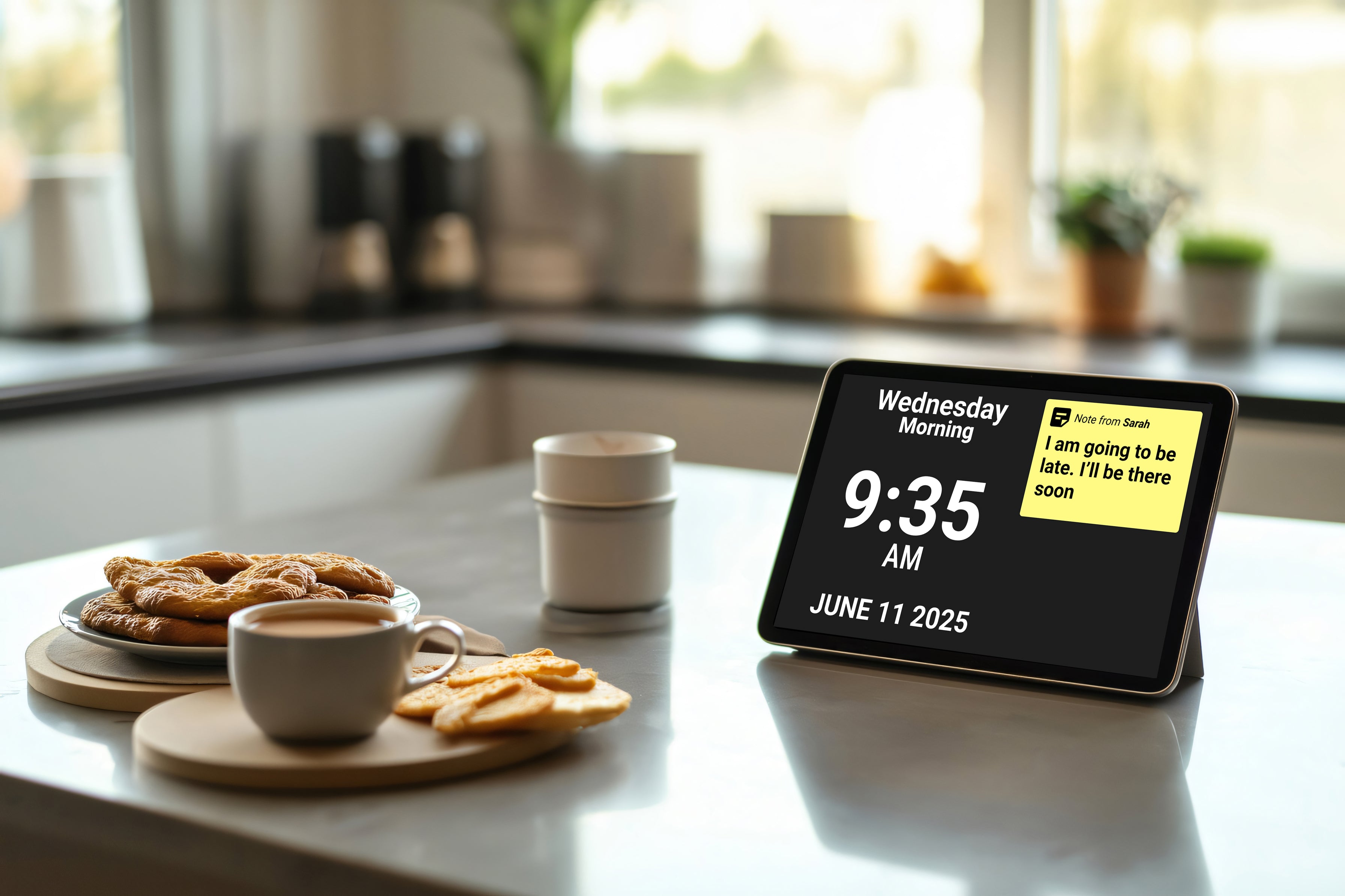 The Idem Clock on a kitchen counter showing a note.
