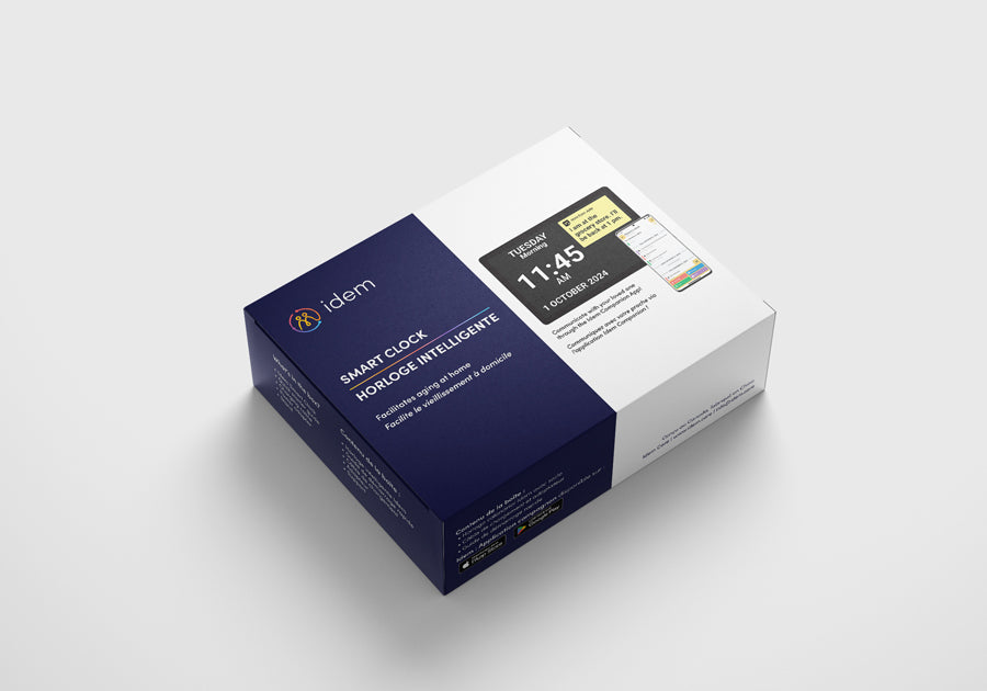 Packaging box for Idem Smart Clock with product information and branding visible.