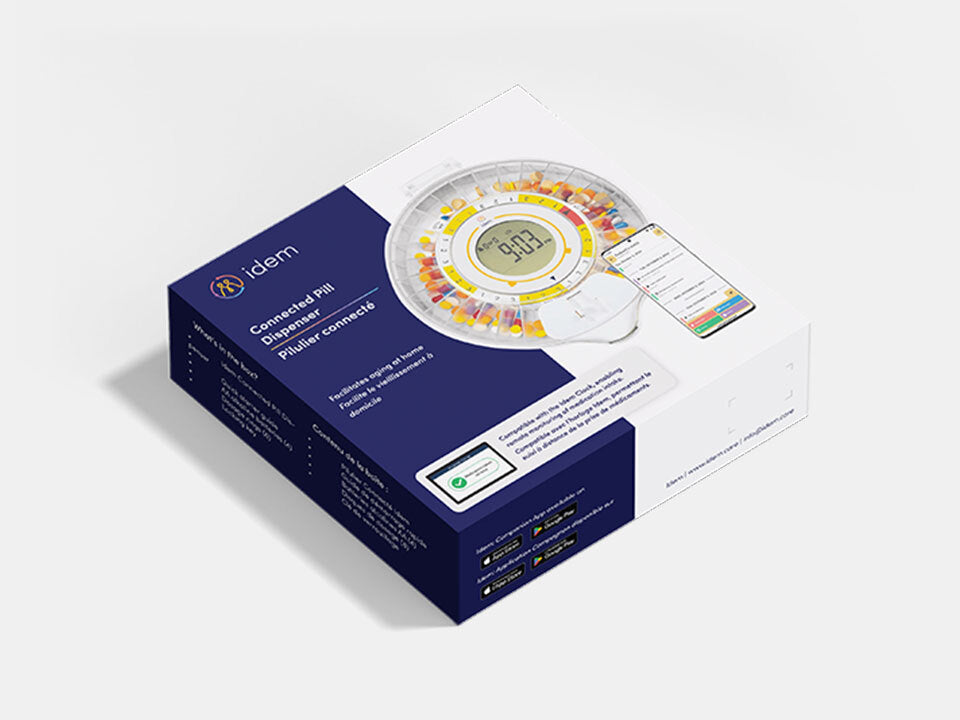 The box of the the Idem pill dispenser