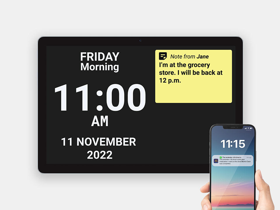 The Idem clock with a hand holding a phone and receiving a notification of the idem app.