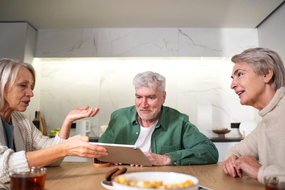 A man holding a tablet, talking with two woman. 