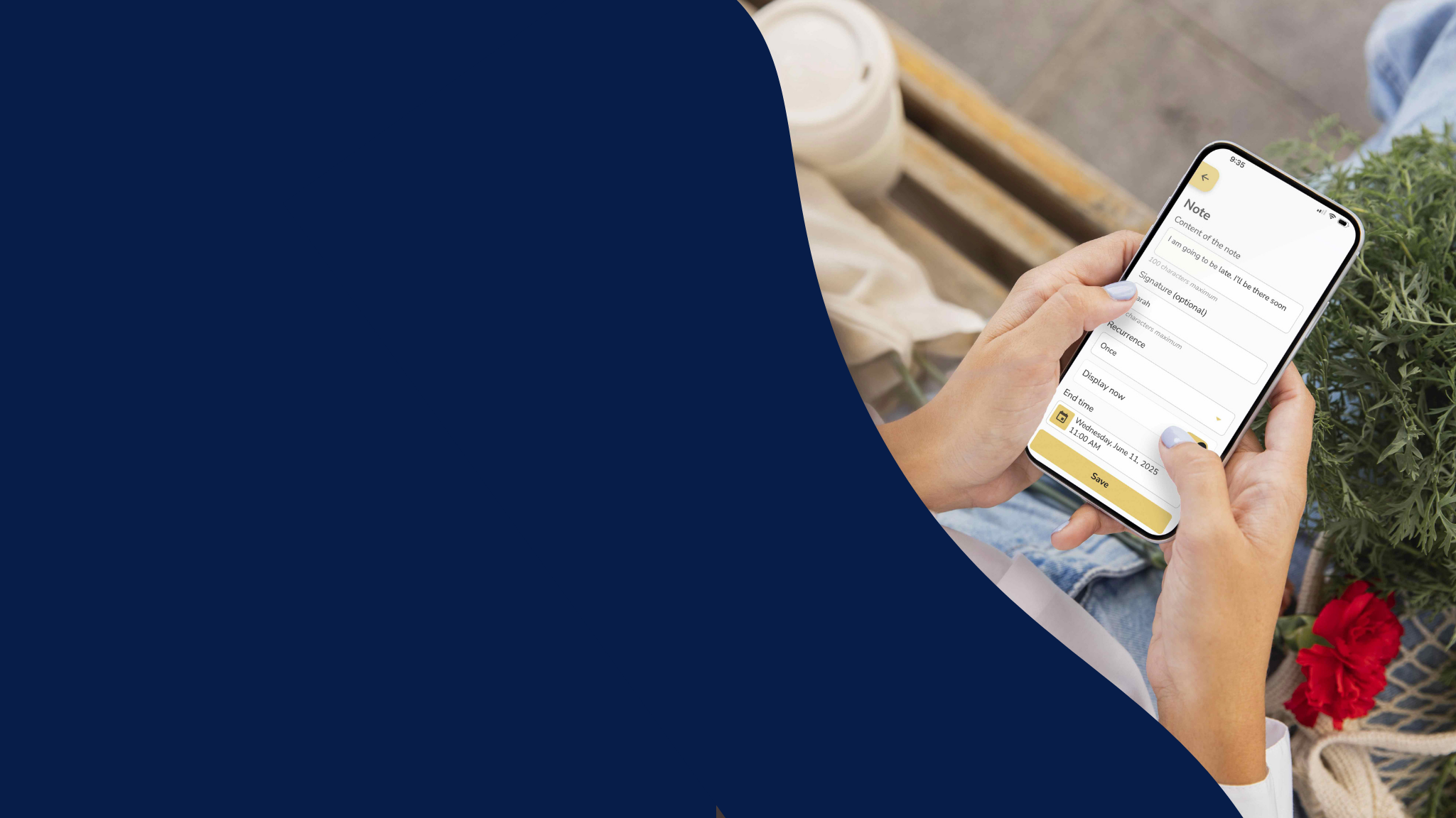 Person holding a smartphone with the Idem app open, sitting on a bench outdoors.