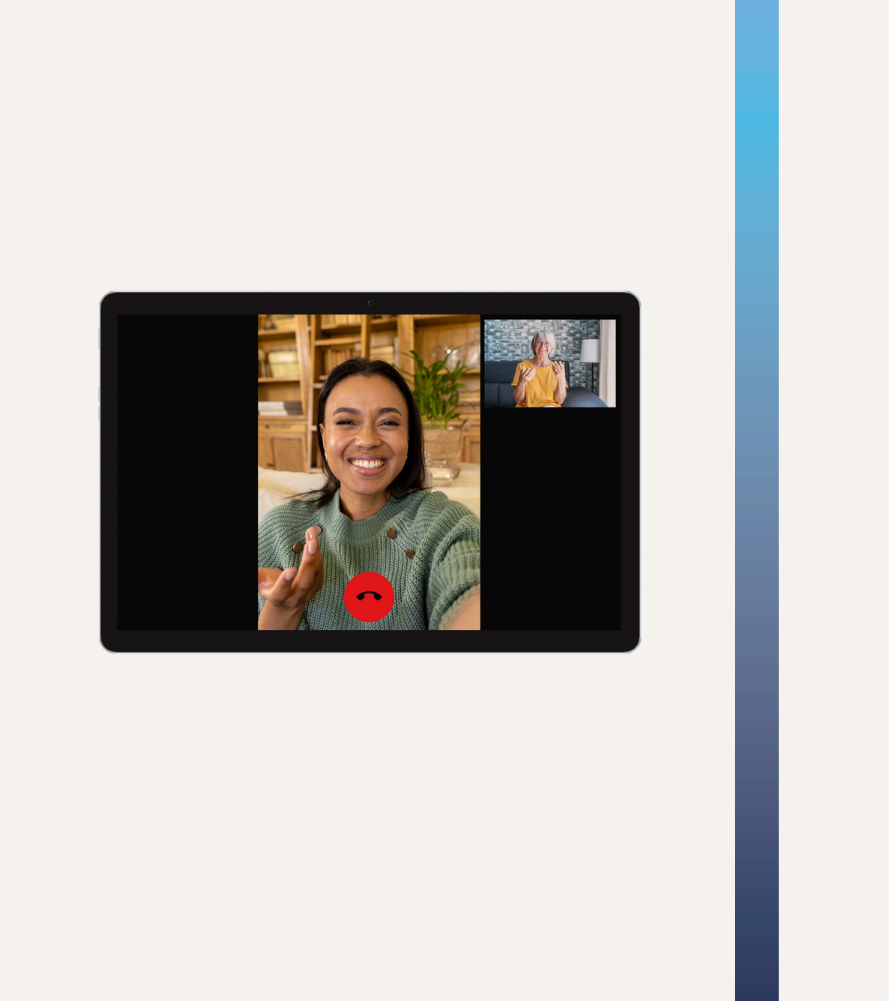 Person using the Idem Clock for a video call on a white background