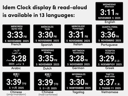 Display of clock time in various languages with timestamps and dates.