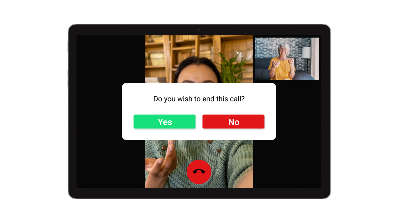 Video call interface with Do you wish to end this call? pop up question, 'Yes' and 'No' options on the Idem Clock. 