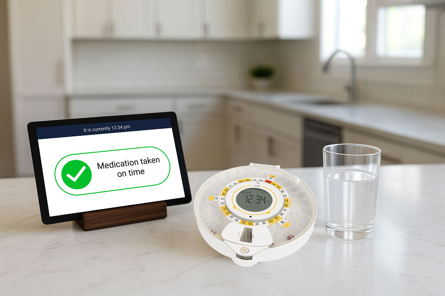 Medication reminder on the Idem Smart Clock with the Idem Connected Pill Dispenser, on a kitchen counter